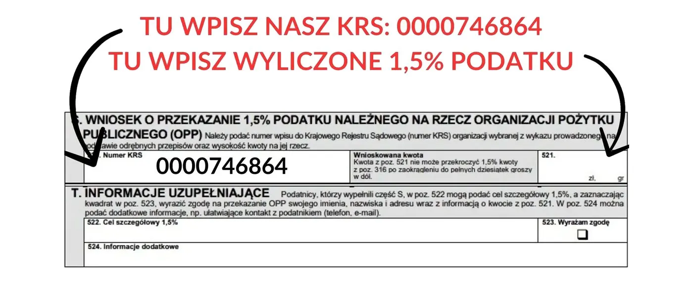 Fragment formularza PIT z zaznaczonym miejscem na numer KRS 0000746864